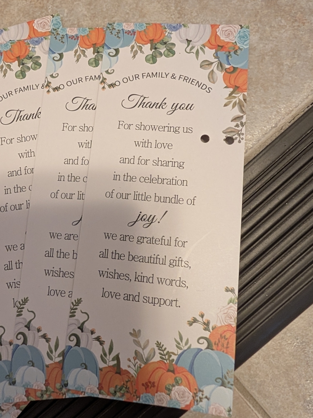 Baby Shower Thank You Favor Tags with Orange & Blue Pumpkin Design Pen